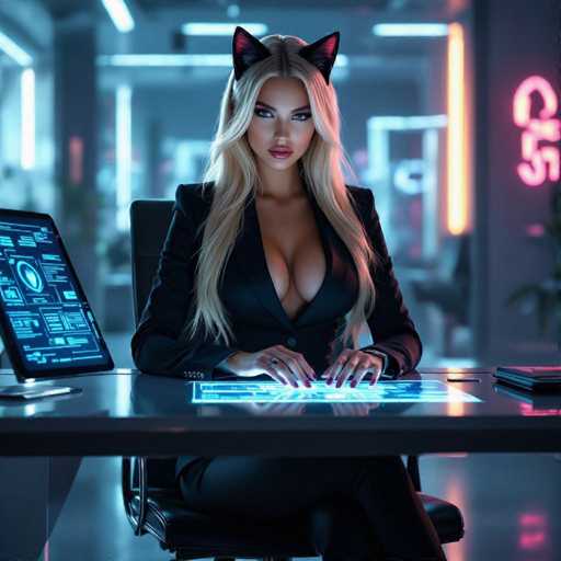 A woman with long blonde hair and cat ears is sitting at a futuristic desk in a neon-lit office. She's wearing a black suit and is looking directly at the viewer with a serious expression. Her hands are hovering over a glowing blue holographic interface on the desk, seemingly interacting with it. The background is blurred but suggests a modern, high-tech environment with glowing neon signs and digital displays. The overall style is cyberpunk and futuristic, emphasizing a blend of technology and a stylish, almost digital aesthetic.