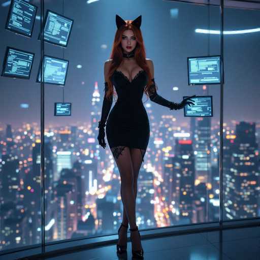 A woman with long, vibrant red hair and cat ears is standing in a futuristic setting. She's wearing a black bodycon dress with lace detailing, long black gloves, and thigh-high stockings. She's holding a glowing digital interface in her outstretched hand, with several computer screens displaying data on the wall behind her. The background is a blurred cityscape at night, with bright city lights visible through large windows. The overall style is cyberpunk and futuristic, with a focus on neon colors and digital technology.