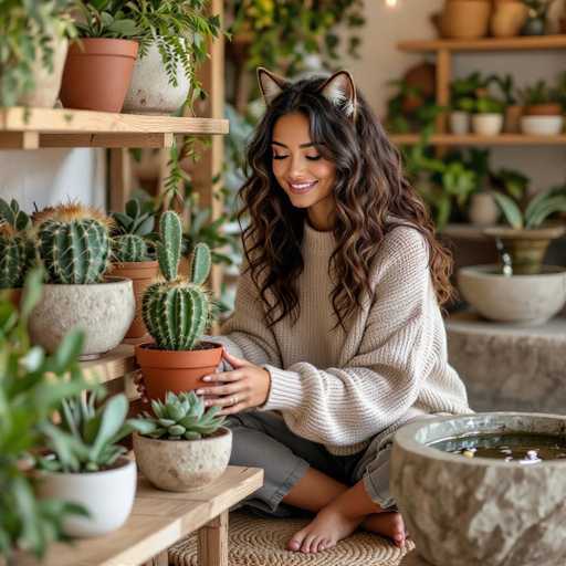 A woman with long, wavy brown hair and a warm smile is carefully holding a small cactus in her hands. She's wearing a light beige, chunky knit sweater and grey pants, and has adorable cat-ear headphones on her head. She's sitting cross-legged on a woven mat in front of a wooden shelf filled with various potted plants. The background is softly blurred, showing more plants on shelves and a glimpse of a stone-like surface. The lighting is soft and warm, creating a cozy and peaceful atmosphere.