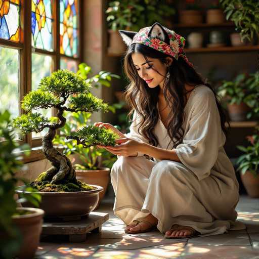 A woman with long, wavy brown hair and a floral headband is kneeling in front of a window filled with colorful stained glass. She's wearing a light beige, loose-fitting outfit and sandals, gently holding a small bonsai tree in her hands. The bonsai is a miniature, carefully shaped tree with vibrant green leaves and a textured, moss-covered pot. Sunlight streams through the stained glass, casting colorful patterns on the floor and walls of the room. The background is filled with other potted plants, creating a serene and peaceful atmosphere.