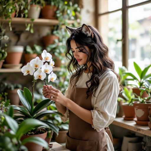 A woman with long, wavy dark hair and cat ears is gently holding a white orchid plant. She's wearing a light beige long-sleeved shirt and a brown apron, and she's looking down at the orchid with a soft smile. The background is filled with various potted plants, creating a cozy and green atmosphere. The lighting is soft and natural, highlighting the woman's gentle expression and the delicate flowers.