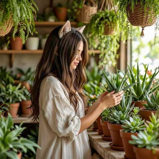 A young woman with long, wavy brown hair and cat-ear headphones is carefully examining a succulent plant in a pot. She's wearing a light beige, loose-fitting long-sleeved shirt and is looking down at the plant with a gentle expression. The background is filled with various potted plants, creating a lush and vibrant atmosphere. She's standing in front of a wooden shelf with more plants, some hanging from woven baskets above. The lighting is soft and natural, highlighting the textures of the plants and the woman's features. She appears to be in a plant shop or a greenhouse, surrounded by greenery and the calming scent of plants. The overall mood is peaceful and serene, emphasizing a connection with nature.