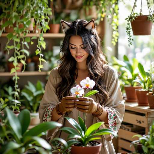 A woman with long, wavy brown hair and a warm smile is gently holding two white orchids in her hands. She's wearing a light beige, long-sleeved tunic with floral details on the cuffs and a matching beige headpiece shaped like cat ears. She's also wearing brown gloves with floral accents on the cuffs. The background is filled with a lush, out-of-focus collection of potted plants in various sizes and colors. The lighting is soft and natural, suggesting a bright, indoor setting with plenty of sunlight. She's looking down at the orchids with a gentle and admiring expression, creating a serene and peaceful atmosphere.
