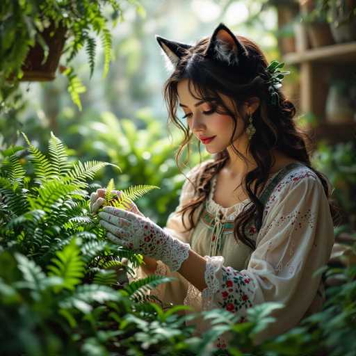 A woman with long, wavy brown hair and cat ears is kneeling in a lush garden, gently holding a fern frond. She's wearing a cream-colored dress with floral embroidery and lace sleeves, along with delicate white gloves. Her eyes are downcast as she examines the fern, and her expression is serene. The background is filled with vibrant green foliage, creating a dreamy, natural atmosphere.