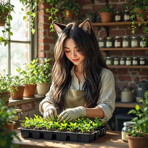 A young woman with long, wavy brown hair and cat ears is carefully tending to a tray of small seedlings. She's wearing a light beige long-sleeved shirt, a light green apron, and white gardening gloves. Her expression is gentle and focused as she gently handles the delicate plants. The background features a rustic brick wall, a window with natural light streaming in, and various potted plants on shelves. The overall scene is bright, peaceful, and evokes a sense of care for nature.