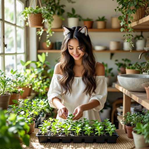 A young woman with long, wavy brown hair and a warm smile is tending to small potted plants. She's wearing a white off-the-shoulder dress and has cute cat-ear headphones on. She's working with a tray of small plants, carefully touching one with her fingers. The background is filled with various potted plants on shelves and a window, creating a bright and cozy atmosphere. The overall scene suggests a love for plants and a peaceful indoor environment.
