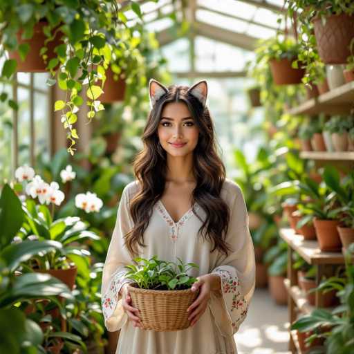 A woman with long, wavy brown hair and a warm smile is standing in a lush greenhouse filled with various potted plants. She's wearing a light-colored, long-sleeved dress with floral details on the sleeves and neckline. On her head, she has a pair of cat-ear-shaped headphones. She's holding a woven basket containing a small green plant in her hands, looking directly at the viewer. The background is softly blurred, showcasing a variety of plants and shelves filled with more potted greenery. The overall lighting is bright and natural, typical of a greenhouse setting.