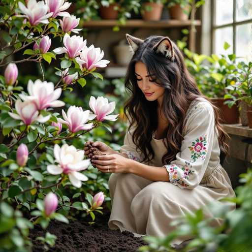 A woman with long, wavy brown hair and cat ears is kneeling in a garden surrounded by lush greenery. She's wearing a light beige dress with floral embroidery on the sleeves and is gently holding a magnolia flower. The background features a wooden shelf filled with potted plants, creating a serene and natural setting.
