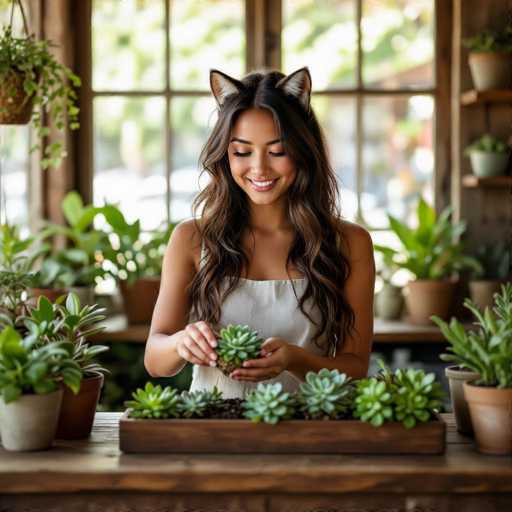 A young woman with long, wavy brown hair and a warm smile is carefully tending to a small succulent plant in a wooden planter. She's wearing a white, sleeveless top and has adorable cat-ear headphones on her head. The background is filled with various potted plants, creating a cozy and vibrant atmosphere. Natural light streams in from the window behind her, highlighting the plants' lush greenery. The overall scene is one of gentle care and a love for nature, with the woman's expression conveying a sense of peacefulness.