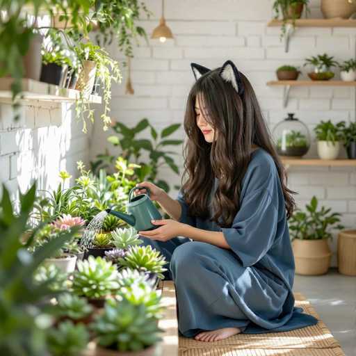 A young woman with long, dark hair and cat ears is kneeling on a woven mat in a sunlit room filled with potted plants. She's wearing a long, blue-grey robe and is holding a teal watering can, gently pouring water onto a small succulent. The room has white brick walls and several shelves displaying various plants, creating a cozy and green atmosphere. Sunlight streams in from the left, highlighting the plants and the woman's gentle expression as she tends to her indoor garden.