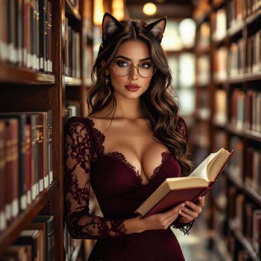 A woman with long, wavy brown hair and large, expressive eyes is leaning against a bookshelf in a dimly lit library. She's wearing round-framed glasses and a deep burgundy lace dress, holding an open book in her hands. She has cat ears on her head and is looking directly at the viewer with a soft, inviting gaze. The background is blurred, suggesting a shallow depth of field and emphasizing the woman as the focal point.