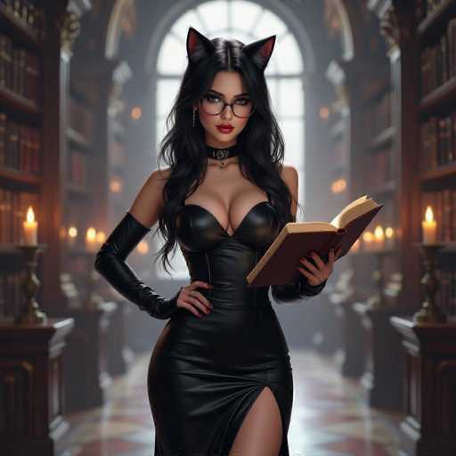 A woman with long, wavy black hair and cat ears is wearing a black leather dress and glasses. She's holding an open book in her hands, looking directly at the viewer with a confident expression. The background is a dimly lit library with tall bookshelves and candles, creating a mysterious atmosphere.