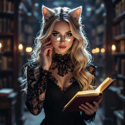A captivating digital painting of a beautiful woman with long, flowing blonde hair and cat ears, wearing round glasses and a black lace dress. She is holding an open book in her hands, looking directly at the viewer with a soft, enigmatic expression. The background is a dimly lit library with tall bookshelves and warm, glowing light sources. The overall style is fantasy-inspired, with a focus on soft lighting and intricate details.