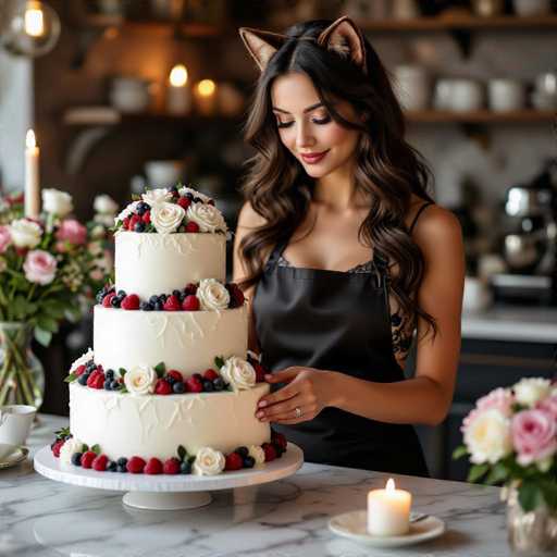 A woman with long, wavy brown hair and a warm smile is carefully holding a three-tiered cake decorated with white frosting, roses, and berries. She's wearing a black satin apron with lace trim and cat ears. The cake is placed on a white marble stand, and the background features a blurred kitchen setting with flowers and candles. The lighting is soft and warm, highlighting the woman's gentle expression as she admires the cake.
