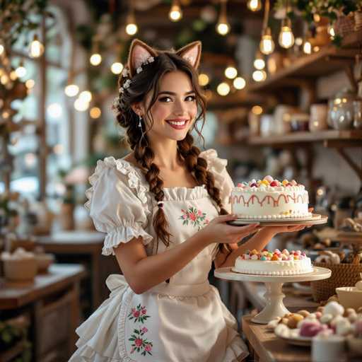 A young woman with long, dark hair styled in two braids is smiling at the camera while holding two small cakes. She's wearing a white apron with floral details and cat ears, suggesting she might be working in a bakery or cafe. The background is softly blurred but appears to be a cozy, warmly lit shop with various cakes and pastries displayed. The overall lighting is soft and inviting, creating a pleasant atmosphere.