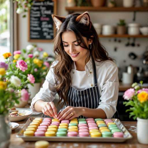 A woman with long, wavy brown hair and a cheerful smile is meticulously arranging colorful macarons on a baking tray. She's wearing a white chef's jacket over a black and white striped apron, and adorable cat-ear-shaped headwear adds a playful touch. The macarons are neatly lined up in rows, showcasing a vibrant rainbow of pastel colors. Softly blurred flowers and kitchenware are visible in the background, creating a warm and inviting atmosphere. The lighting is bright and natural, highlighting the woman's focused expression as she works.