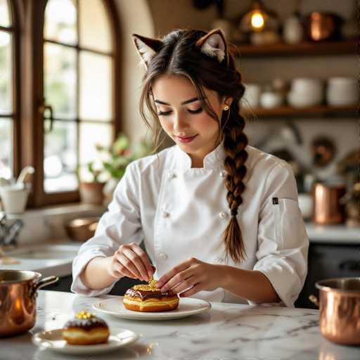 A young woman wearing a white chef's coat and cat-ear headband is carefully decorating a donut with sprinkles on a marble countertop in a bright kitchen. She's focused, holding a small pastry decorating tool with her right hand and gently placing sprinkles on the donut with her left. The kitchen is filled with copper pots, a window with natural light, and various kitchenware in the background. The overall lighting is soft and warm, highlighting the woman's delicate movements and the details of the donut.