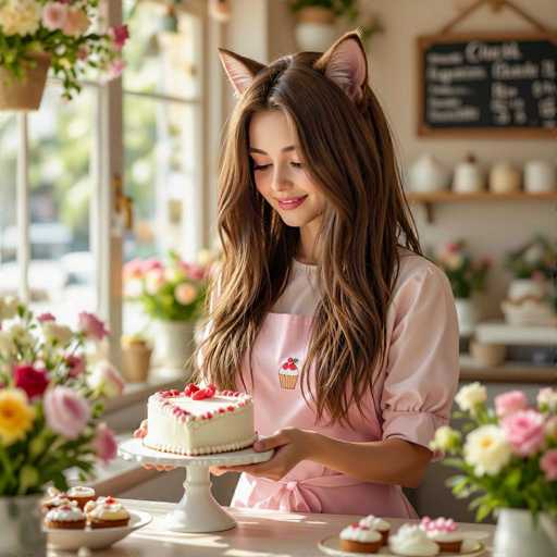 A young woman with long, wavy brown hair and cat ears is holding a decorated cake. She's wearing a light pink apron with a cartoon cupcake design and a white shirt underneath. Her expression is gentle and she's looking down at the cake with a soft smile. The background is a bright, cozy cafe setting with a window filled with flowers and other cakes on display. The lighting is soft and warm, creating a pleasant atmosphere.