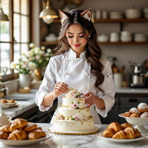 A woman in a white chef's coat is carefully decorating a three-tiered cake with delicate pink and white roses. She’s wearing a headset with cat ears, adding a playful touch to her professional attire. The cake is placed on a white marble countertop, and several croissants are arranged in white bowls around it. The background features a bright kitchen with large windows, showcasing a warm and inviting atmosphere. The woman is looking down at the cake with a gentle smile, focused on her task.