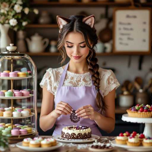 A woman wearing a purple apron and cat-ear headband is carefully decorating a cake with chocolate decorations. She's working at a table covered in various desserts, including macarons and cupcakes. The background features shelves with kitchenware and flowers, creating a cozy baking scene.