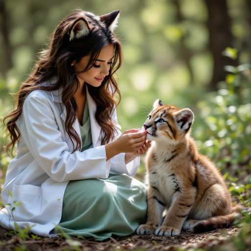 A young woman in a white lab coat and green dress, with long brown hair adorned with tiger ears, gently feeds a small tiger cub. The woman is kneeling on the ground in a lush, green outdoor setting with blurred foliage in the background. The focus is on the interaction between the woman and the cub, highlighting a tender moment of care and connection. The lighting is soft and natural, emphasizing the warmth and intimacy of the scene.