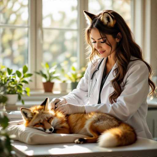 A woman in a white lab coat and medical stethoscope is gently examining a fox lying on a soft surface. The woman has long, wavy brown hair with fox-ear-shaped headwear and is wearing white gloves. She's looking down at the fox with a soft, caring expression. The fox is lying comfortably, its eyes closed or half-closed, and appears relaxed. The background shows a bright window with natural light, several potted plants, and a clean, white surface. The overall scene is one of gentle care and tranquility, suggesting a veterinarian or animal healthcare professional attending to the fox.