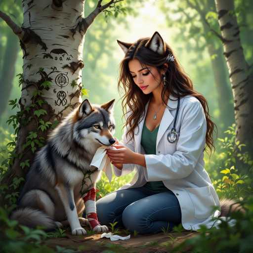 A young woman with long, flowing brown hair and wolf-like ears is gently tending to a wounded wolf in a sun-dappled forest. She's wearing a white medical coat, blue jeans, and a green shirt, with a stethoscope around her neck. She's kneeling on the forest floor, carefully wrapping the wolf's paw with a white bandage. The wolf is looking up at her with a soft, trusting gaze. Lush green foliage and trees surround them, creating a peaceful and serene atmosphere. The scene is bathed in soft sunlight filtering through the trees, highlighting the gentle interaction between the woman and the wolf.