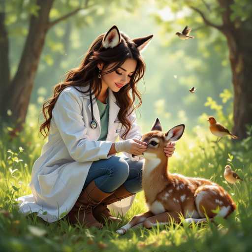 A young woman with long, flowing brown hair and deer-like ears is kneeling in a sunlit meadow. She's wearing a white lab coat, a light green shirt underneath, blue jeans, and brown boots. She's gently examining a small fawn with soft, spotted fur, holding its head in her hands. The fawn is looking up at her with large, gentle eyes. Several small birds are flitting around the meadow in the background, and sunlight filters through the trees, creating a warm, peaceful atmosphere. The overall style is that of a digital painting with a soft focus on the details of the scene, emphasizing a sense of care and tranquility.