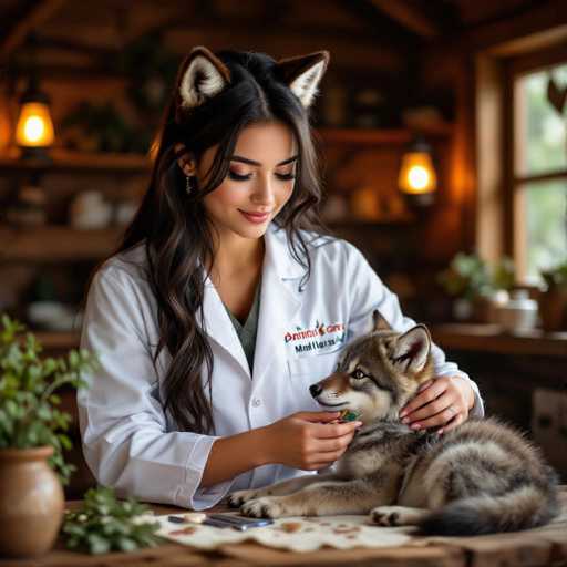 A young woman in a white lab coat, wearing wolf-like ears and a green shirt underneath, gently feeds a small wolf pup. She is looking down at the pup with a soft smile. The pup is lying on a wooden surface, and there are some treats scattered around. The background is blurred but shows a cozy, rustic setting with warm lighting and plants.
