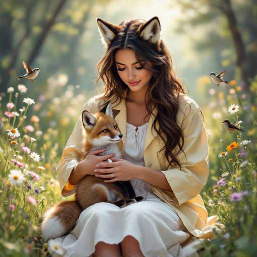 A beautiful woman with long, flowing brown hair and large, expressive eyes is sitting in a vibrant meadow filled with colorful wildflowers. She's wearing a light beige jacket and a flowing white dress, and she has adorable fox ears on her head. She's gently cradling a small, fluffy fox in her arms, and both are looking at each other with soft expressions. Several birds are fluttering around the meadow, adding to the whimsical and peaceful atmosphere. The overall lighting is soft and dreamy, creating a magical scene.