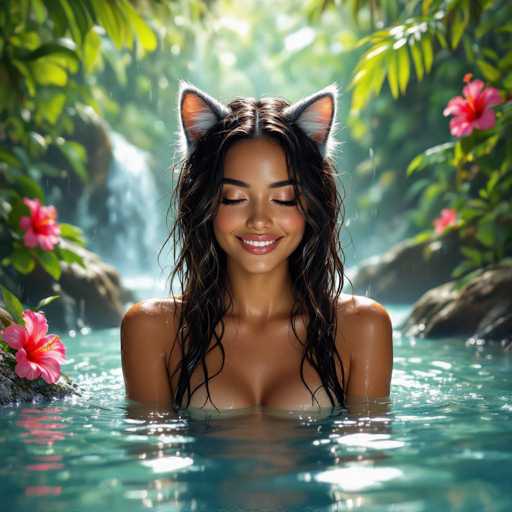 In this captivating image, a woman with long, wavy brown hair is standing in a serene body of water, which could be a lake or a river. The water is a mesmerizing blend of blue and green hues, reflecting the sunlight and creating a shimmering effect. The woman is positioned in the center of the image, with her head and shoulders visible above the water's surface. She has a radiant smile on her face, her eyes closed, and her head slightly tilted back, exuding a sense of tranquility and contentment. Her hair cascades down to her chest, and she is adorned with whimsical cat ears on top of her head, adding a playful touch to her appearance. The background is lush with greenery, including trees and bushes, and there are pink flowers visible on the left side of the image, enhancing the natural beauty of the scene. The overall composition is a harmonious blend of colors and elements, creating a dreamlike and enchanting atmosphere.