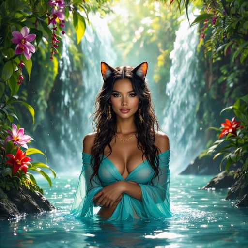 In this captivating image, a woman stands serenely in the middle of a tranquil body of water, surrounded by lush greenery and vibrant flowers. She is adorned in a striking blue outfit that features a low-cut top, revealing her cleavage, and sheer sleeves that elegantly drape over her arms. Her long, wavy brown hair cascades down to her chest, framing her face, which is accentuated by a touch of lipstick and a subtle smile. Adding a whimsical touch to her appearance, she wears a pair of cat ears, with the inner part of the ears colored orange and the outer part a mix of white and black. The background is a picturesque scene of two cascading waterfalls, one on each side of her, with lush green trees and colorful flowers, including pink and red blooms, adding to the enchanting atmosphere.
