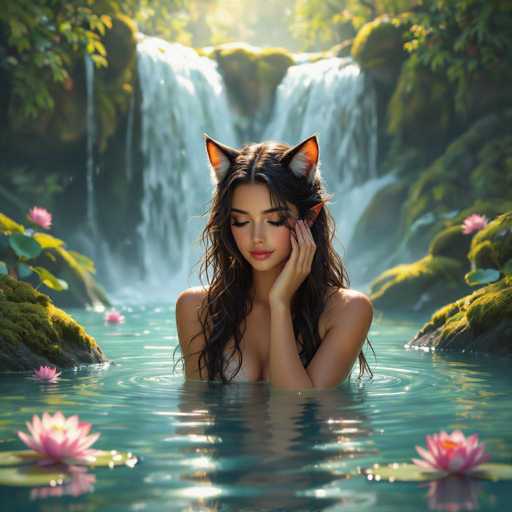A beautiful woman with long, wavy brown hair and cat ears is peacefully floating in a crystal-clear pool of water. She's wearing a light beige bikini top and has her eyes closed, gently touching one of her ears with her fingers. The pool is surrounded by lush green moss-covered rocks and vibrant pink water lilies, with a cascading waterfall in the background. The overall lighting is soft and ethereal, creating a serene and magical atmosphere.