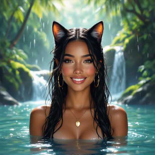 This AI-generated image features a young woman with long, dark hair and striking cat ears, standing in a serene, tropical lagoon. She has a medium complexion and is adorned with gold hoop earrings and a gold necklace. Her bright smile reveals white teeth, and her cheeks are rosy, complementing her brown eyes. The water around her is a clear, light blue, and she appears to be wearing a bikini, though it's partially obscured by the water. The background showcases lush greenery, including palm trees and other tropical plants, with a waterfall cascading down a rocky cliff. The scene is set during the day, with sunlight filtering through the foliage, creating a picturesque and tranquil atmosphere.