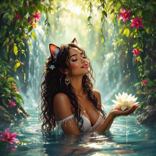 In this captivating image, a woman with long, curly brown hair and a medium complexion stands serenely in a body of water, surrounded by lush greenery and vibrant flowers. She is adorned with a pair of fox ears, adding a whimsical touch to her appearance. Her eyes are closed, and her head is tilted slightly upward, as if she is basking in the warmth of the sun. She wears a white bikini top, and her right arm is gracefully extended, holding a delicate white flower. The scene is framed by an abundance of green leaves and pink flowers, with a gentle waterfall cascading in the background, creating a tranquil and enchanting atmosphere.