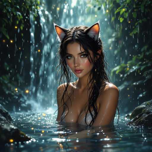 In this captivating image, a woman with long, dark hair and striking green eyes stands serenely in a body of water, surrounded by a lush, rain-soaked forest. She wears a white bikini top, and her wet hair cascades down to her elbows, glistening in the soft light. Adorning her head are whimsical cat ears, white with orange insides, adding a playful touch to her ethereal appearance. The water around her is dotted with small, glowing yellow lights, creating a magical atmosphere. Behind her, a majestic waterfall cascades down, framed by dense trees and bushes, their leaves glistening with raindrops. The scene is a harmonious blend of natural beauty and fantasy, with the woman appearing almost as if she belongs to a mythical realm.