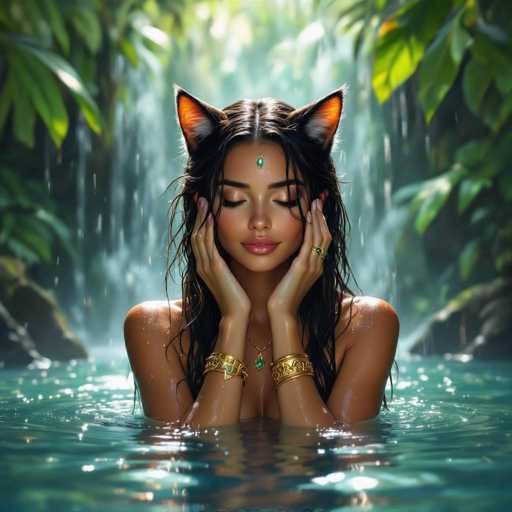 In this captivating image, a woman stands serenely in the middle of a tranquil lake, surrounded by lush greenery and cascading waterfalls. The scene is framed by verdant trees and bushes, creating a natural, enchanting backdrop. The woman, who has a medium complexion, is adorned with striking accessories: a green gemstone set in gold on her forehead, and matching green and gold jewelry on her wrists, neck, and fingers. Her long, dark hair flows freely, and she wears whimsical cat ears, adding a touch of fantasy to her appearance. Her eyes are closed, and her hands rest gently on her cheeks, exuding a sense of peace and contentment. The water around her is a mesmerizing blend of green and blue hues, reflecting the sunlight and enhancing the ethereal atmosphere. The overall composition of the image is both serene and magical, capturing a moment of perfect harmony between the woman and her natural surroundings.