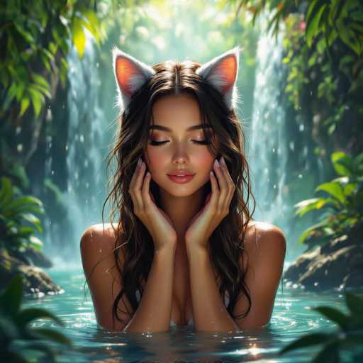 In this captivating image, a woman with long brown hair and striking cat ears stands serenely in a body of water, surrounded by lush greenery and cascading waterfalls. Her eyes are closed, and her hands gently cradle her face, exuding a sense of tranquility and peace. The cat ears, which are white with pink insides, add a whimsical touch to her appearance. The scene is bathed in natural light, highlighting the vibrant colors of the foliage and the clear water. The woman's expression is one of contentment, as if she is thoroughly enjoying the moment. The overall atmosphere is one of serenity and natural beauty, perfectly capturing a moment of harmony between the woman and her surroundings.