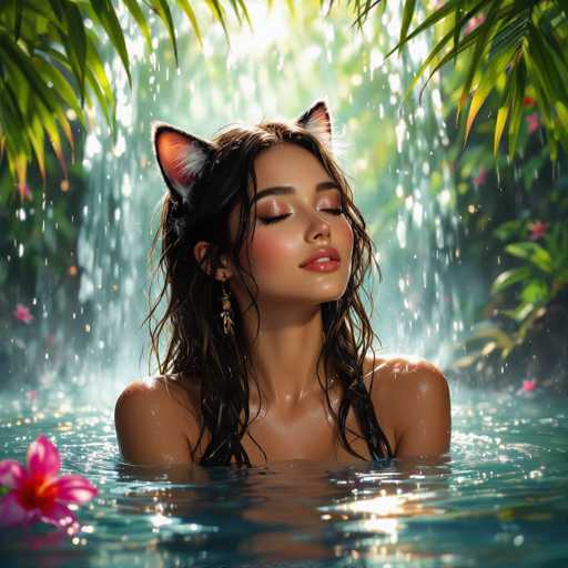 A beautiful woman with long, wavy dark hair and cat ears is relaxing in a pool of water under a gentle waterfall. She's wearing delicate gold earrings and has a serene expression on her face, eyes closed. The water is crystal clear, reflecting the sunlight and surrounding lush green foliage. A vibrant pink flower floats on the surface near her head, adding a touch of color to the scene. The overall mood is peaceful and dreamy, with soft lighting creating a magical atmosphere.