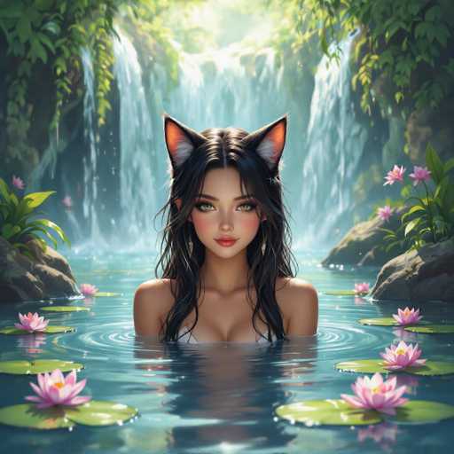 This image is a detailed, computer-generated illustration of a young woman with cat ears, standing waist-deep in a serene pond. She has long, dark brown hair cascading over her shoulders and striking green eyes. Her cat ears are black with pink interiors and white tufts of fur. She is wearing a white bikini top, and her fair skin contrasts with her vibrant red lips. The water around her is a deep blue, adorned with numerous green lily pads and pink flowers with yellow centers. Surrounding the pond are rocky outcroppings and lush greenery, with sunlight filtering through the trees, creating a dappled effect. In the background, three waterfalls cascade down, adding to the tranquil atmosphere of the scene. The overall composition is highly realistic, capturing the intricate details of the environment and the character.