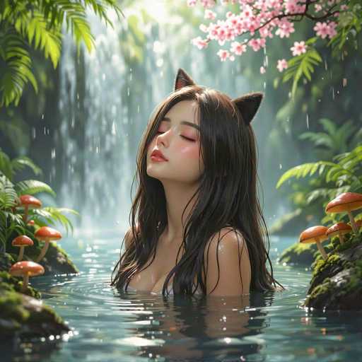 The image depicts a young woman with long, dark brown hair and cat ears, standing waist-deep in a serene pond. She has a light complexion, red lips, and her eyes are closed, giving her a peaceful expression. She is wearing a white bikini top, and her hair cascades down to her chest. The scene is set in a lush, fantastical forest with a large waterfall in the background, surrounded by green ferns and vibrant pink cherry blossoms. To her left and right, there are clusters of orange mushrooms with white stems growing on moss-covered rocks. The water around her is a clear blue, reflecting the sunlight that filters through the trees, creating a magical and tranquil atmosphere.