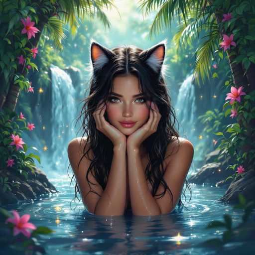 A beautiful woman with long, wavy black hair and cat ears is sitting in a clear blue pool surrounded by lush tropical plants. She's wearing a light, sheer top and has her hands gently resting on her chin, looking directly at the viewer with a serene expression. The background features a cascading waterfall and vibrant pink flowers, creating a dreamy, fantastical atmosphere. The overall lighting is soft and ethereal, with sparkling light effects adding to the magical ambiance.