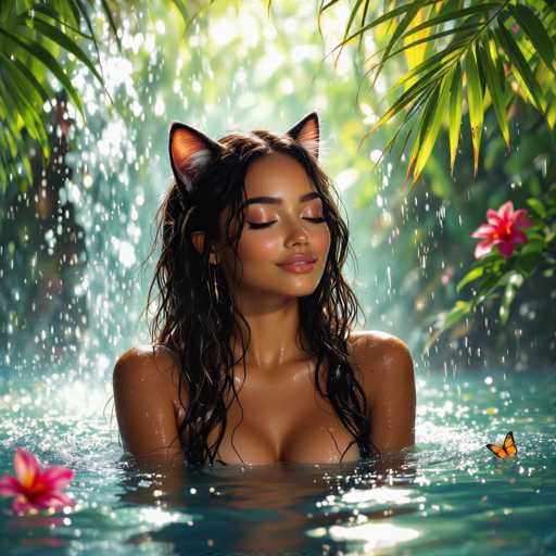 A woman with long, wavy dark hair and cat ears is relaxing in a pool of water under a gentle rain. She's wearing a white bikini top and has her eyes closed, appearing serene. The water is clear and reflects the sunlight filtering through lush green palm leaves surrounding her. A vibrant orange butterfly floats near her, and a pink flower is visible in the background. The overall mood is peaceful and dreamy.