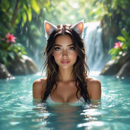A woman with long, wavy brown hair and green eyes is pictured waist-deep in a clear, turquoise pool. She's wearing white bikini top and cat ears with soft grey and pink insides. The water is gently rippling, reflecting the sunlight above. Lush green foliage surrounds her, with a waterfall cascading in the background. The overall lighting is soft and ethereal, creating a dreamy atmosphere.