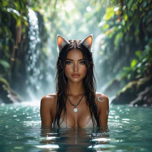 A woman with long, wet brown hair and cat ears is sitting in a pool of water in front of a waterfall. She's wearing a white bikini top and a necklace with a moon pendant, and she has a tattoo of a crescent moon on her left shoulder. The water is clear and sparkling, and the background is blurred with lush green foliage. She's looking directly at the viewer with a serene expression. The overall lighting is soft and ethereal, creating a dreamy atmosphere.