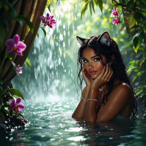 A beautiful woman with long, wet black hair and cat ears is relaxing in a tranquil pool surrounded by lush tropical foliage. She's wearing delicate silver bracelets and has a soft, warm glow on her skin. The water is clear and reflects the surrounding greenery, with gentle raindrops creating a soft, ethereal atmosphere. She's looking directly at the viewer with a serene and inviting expression. The overall style is dreamy and fantastical, emphasizing a sense of peace and connection with nature.