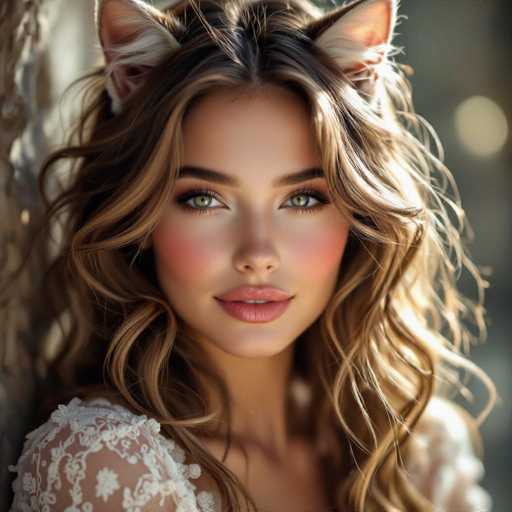 This image features a young woman with long, wavy brown hair that cascades down to her chest. Her hair is adorned with two cat ears, one on each side, which are white with pink insides. She has striking green eyes accentuated by black eyeliner and well-defined eyebrows. Her lips are full and pink, and she has a slight smile that reveals her top teeth. She is wearing a white shirt with intricate floral embroidery on the shoulders. The background is blurred, with a mix of gray and white hues, and a distinct white circle on the right side. The overall composition highlights her face and upper body, creating a whimsical yet elegant portrait.