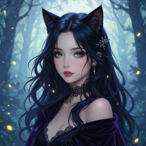 This image features a young woman with long, wavy black hair adorned with cat ears, giving her a whimsical appearance. She has striking green eyes and is wearing a black choker necklace with a small pendant. Her outfit includes a black lace top and a purple velvet shawl draped over her shoulders. The background is a mystical forest with tall, dark trees and a bluish hue, illuminated by numerous yellow lights that resemble fireflies or magical sparks. The overall scene evokes a sense of enchantment and fantasy, reminiscent of a character from a fairy tale or a video game.