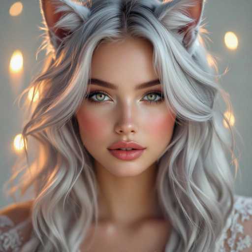 This image features a close-up of a young woman with strikingly realistic, yet subtly artificial, characteristics. She has long, wavy hair that is predominantly white with hints of gray, cascading down to her chest. Her hair is parted in the middle, and she sports a pair of cat ears, adding a whimsical touch to her appearance. Her eyes are a captivating greenish-blue, framed by thick, dark eyebrows. Her lips are full and painted a soft pink, complementing her fair complexion. She is adorned in a white lace garment, visible on her shoulders, which adds an elegant touch to her look. The background is a muted gray, punctuated by small, glowing yellow lights that create a dreamy ambiance. The overall image has a slightly surreal quality, suggesting it might be AI-generated, though it is impressively detailed and lifelike.