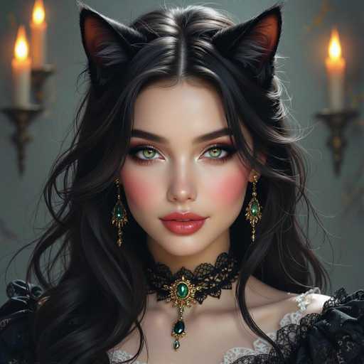 This image features a highly detailed, computer-generated portrait of a young woman with striking green eyes and long, wavy black hair. She is adorned with cat ears, adding a whimsical touch to her appearance. Her makeup is meticulously applied, with a touch of blush highlighting her cheeks. She wears elegant green and gold earrings that complement her choker necklace, which is also green and gold. Her attire consists of a black dress with intricate white lace detailing around the neckline, adding a touch of sophistication. The background is softly blurred, featuring a gray wall and two candle holders, each holding two lit candles, which cast a warm glow over the scene.